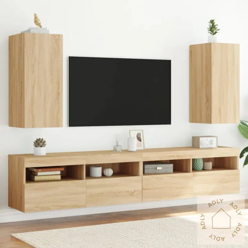 Vegghengte Tv-Benker Med Led 2 Stk Sonoma Eik 30,5X35X70 Cm