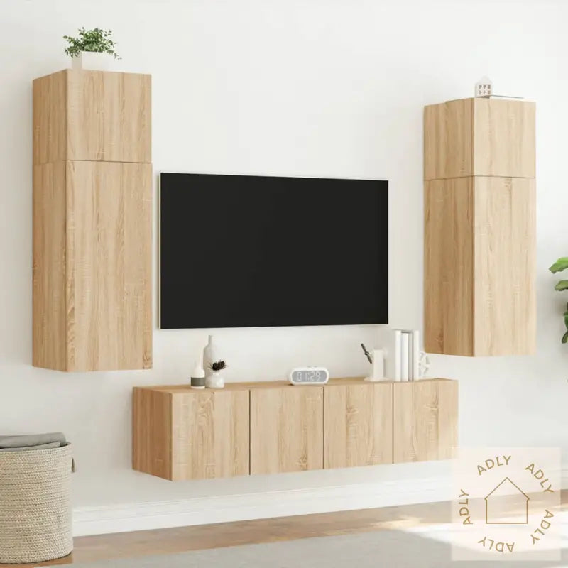 Vegghengte Tv-Benker Med Led 2 Stk Sonoma Eik 80X35X31 Cm