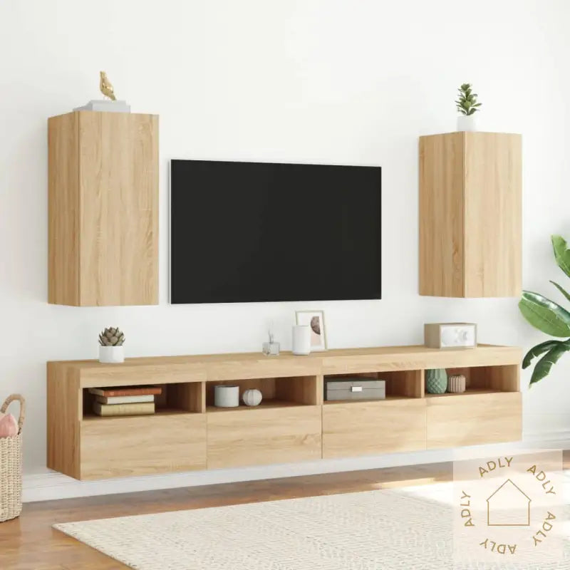 Vegghengte Tv-Benker Med Led 2 Stk Sonoma Eik 30,5X35X70 Cm
