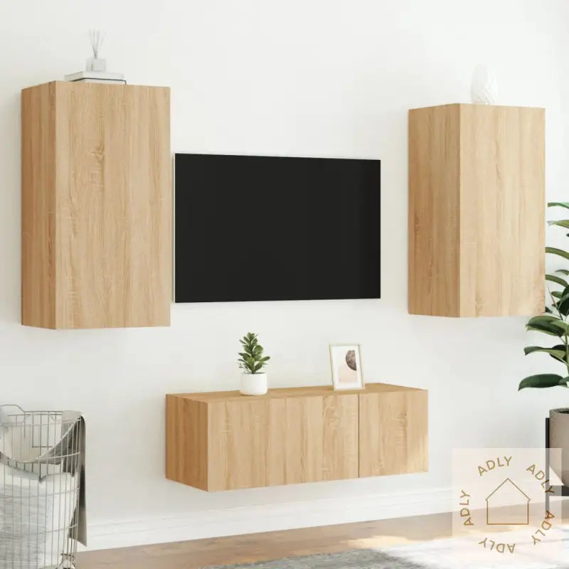 Vegghengte Tv-Enheter Med Led 4 Deler Sonoma Eik Konstruert Tre