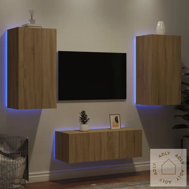 Vegghengte Tv-Enheter Med Led 4 Deler Sonoma Eik Konstruert Tre