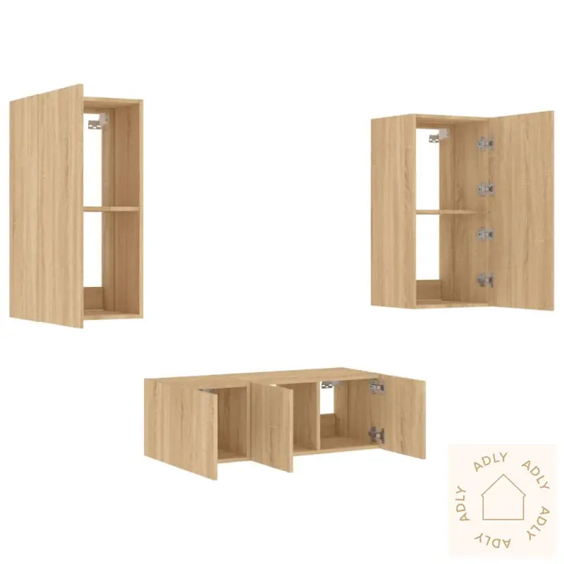 Vegghengte Tv-Enheter Med Led 4 Deler Sonoma Eik Konstruert Tre