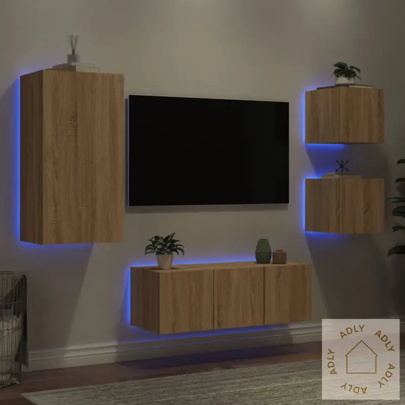 Vegghengte Tv-Enheter Med Led 5 Deler Sonoma Eik Konstruert Tre