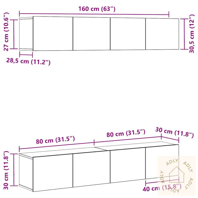 4-Delt Veggmontert Tv-Skapsett I Svart Eik