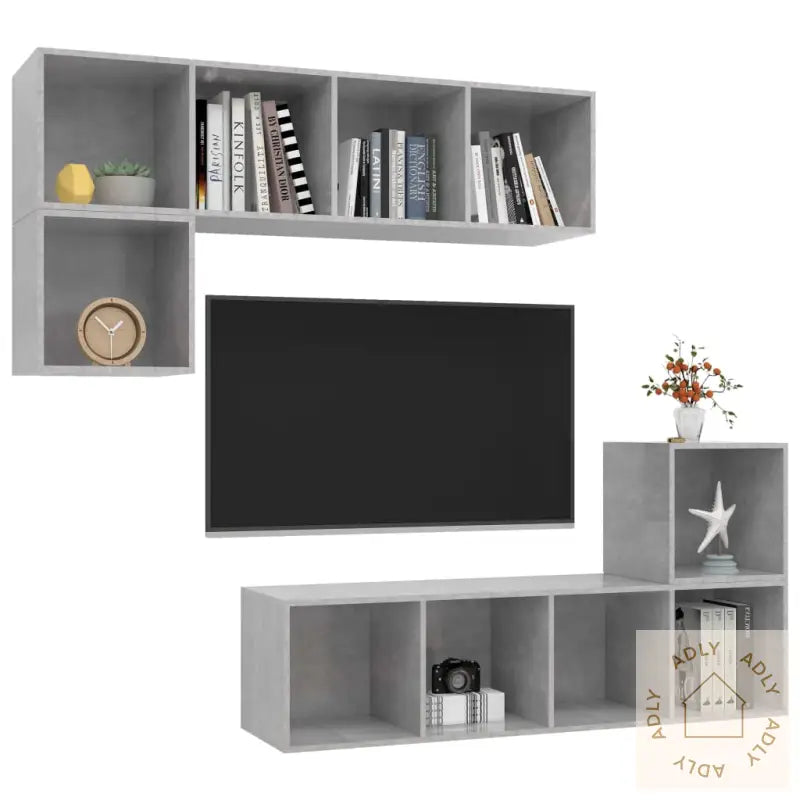 Tv-Benksett 4 Deler Betonggrå Konstruert Tre