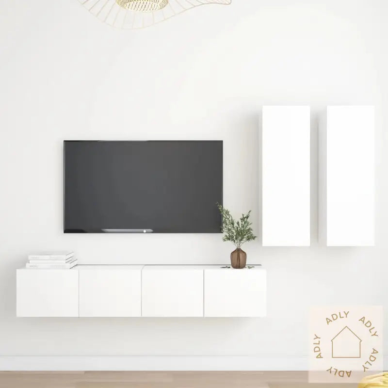 Tv-Benksett 4 Deler Hvit Konstruert Tre