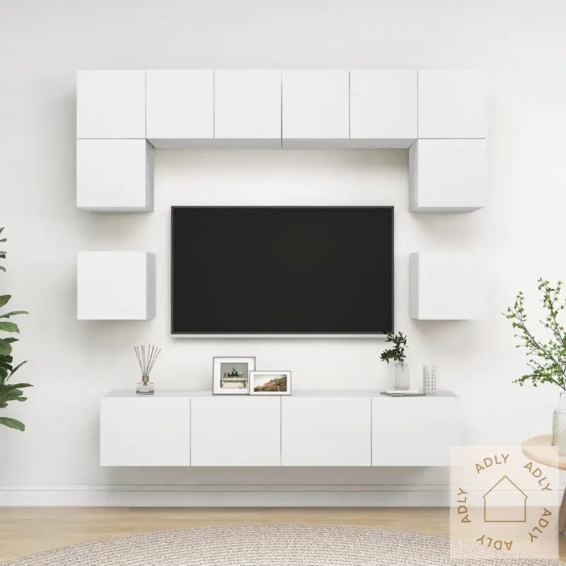 Tv-Benksett 8 Deler Hvit Konstruert Tre