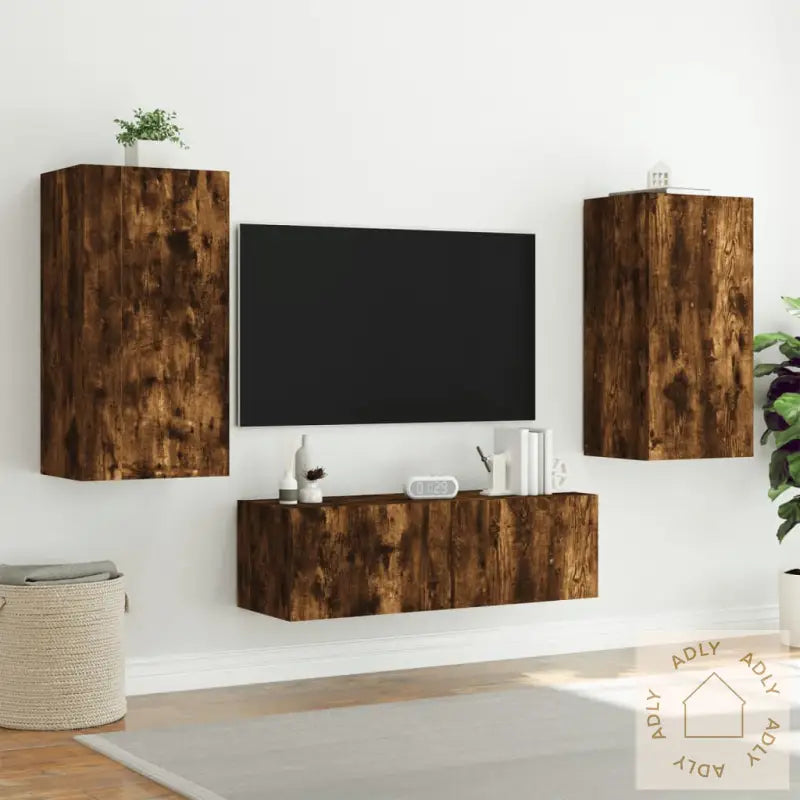 Vegghengte Tv-Benker Med Led 3 Stk Røkt Eik