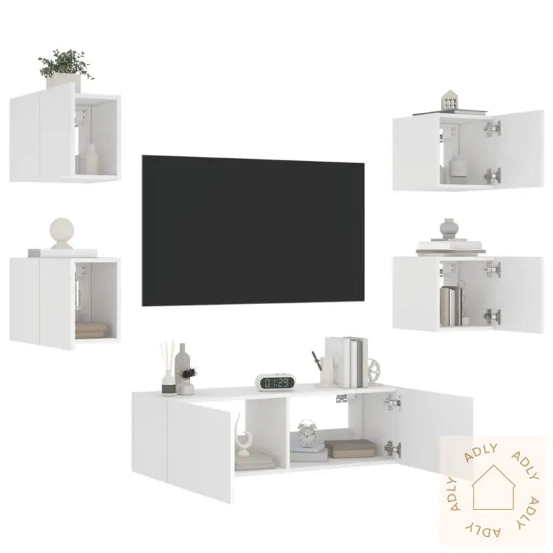 Vegghengte Tv-Benker Med Led 5 Stk Hvit