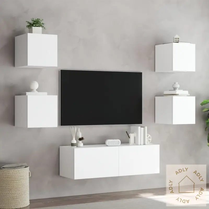 Vegghengte Tv-Benker Med Led 5 Stk Hvit