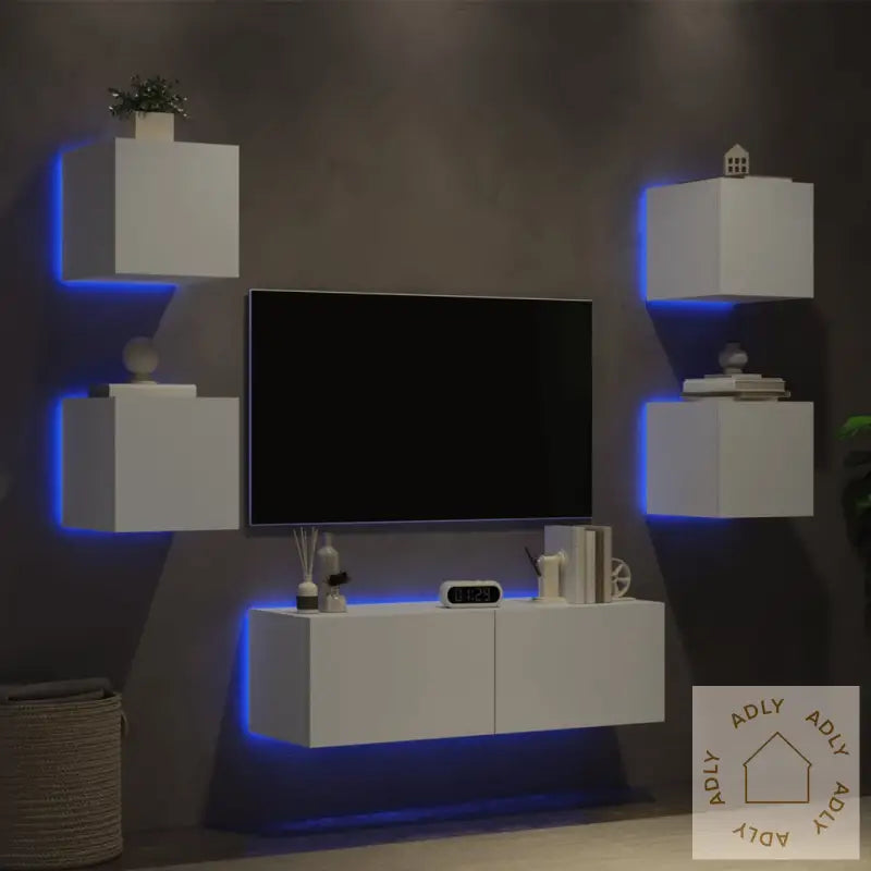 Vegghengte Tv-Benker Med Led 5 Stk Hvit