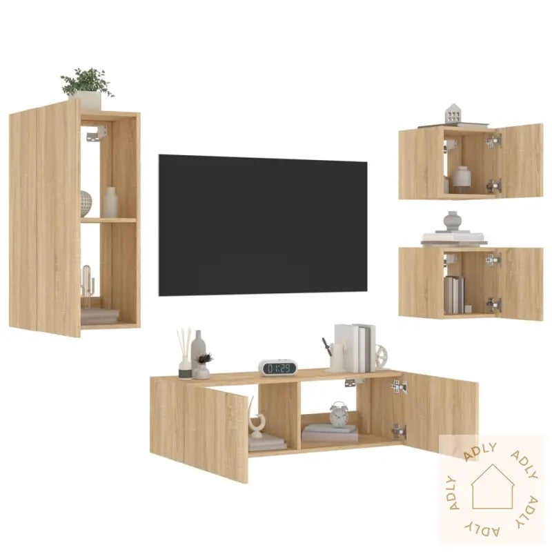 Vegghengte Tv-Benker Med Led 4 Stk Sonoma Eik