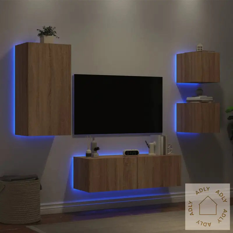 Vegghengte Tv-Benker Med Led 4 Stk Sonoma Eik