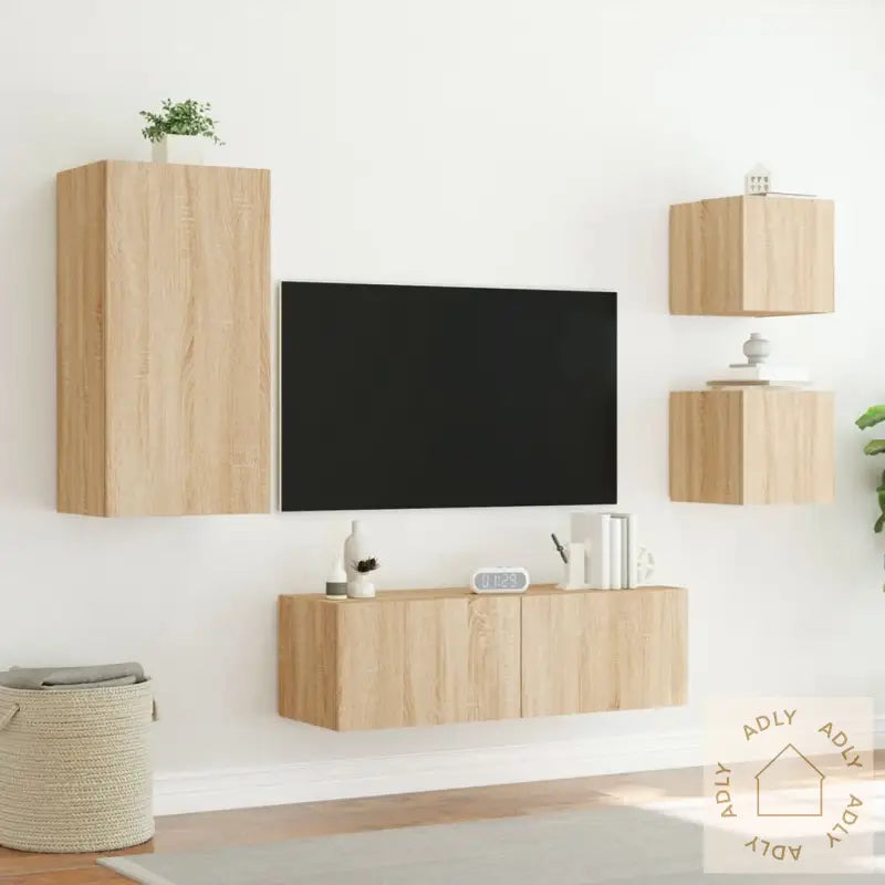 Vegghengte Tv-Benker Med Led 4 Stk Sonoma Eik