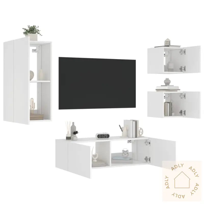 Vegghengte Tv-Benker Med Led 4 Stk Hvit