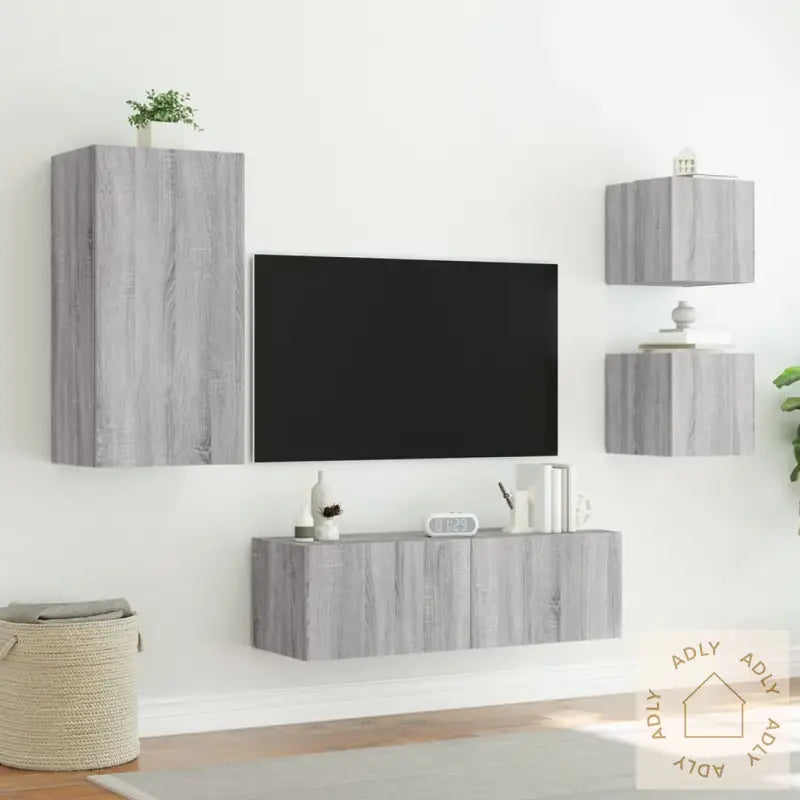 Vegghengte Tv-Benker Med Led 4 Stk Grå Sonoma