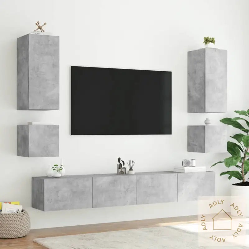 Vegghengte Tv-Benker Med Led-Lys 2 Stk Betonggrå 40,5X35X40 Cm