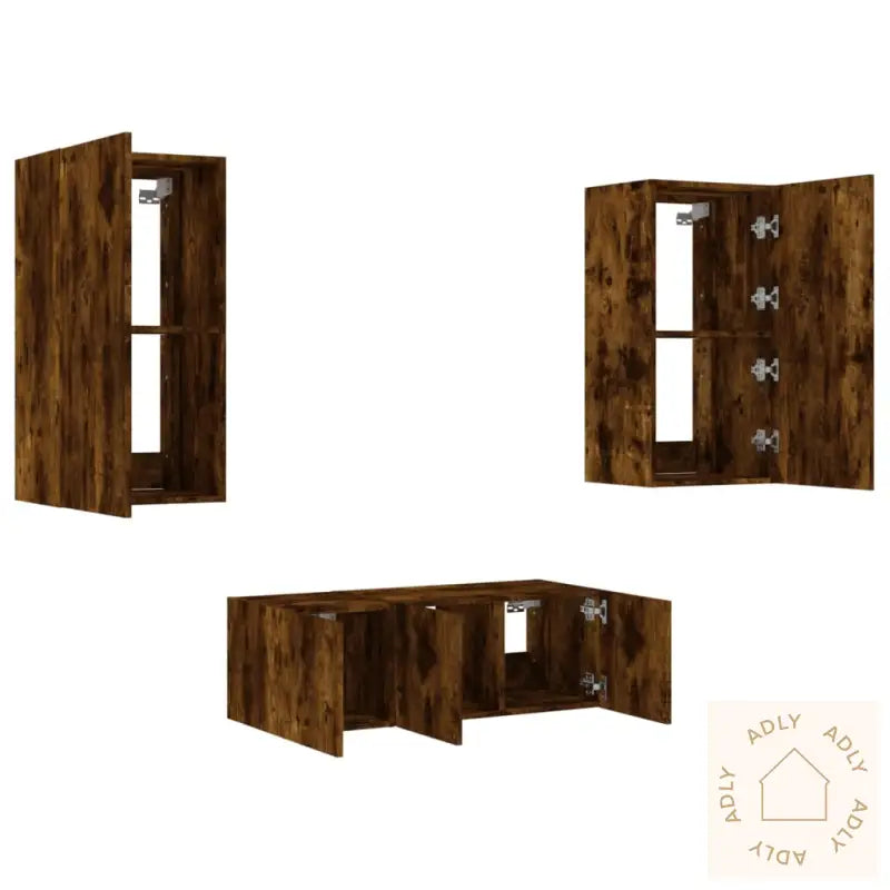 Vegghengte Tv-Enheter 4 Deler Røkt Eik Konstruert Tre