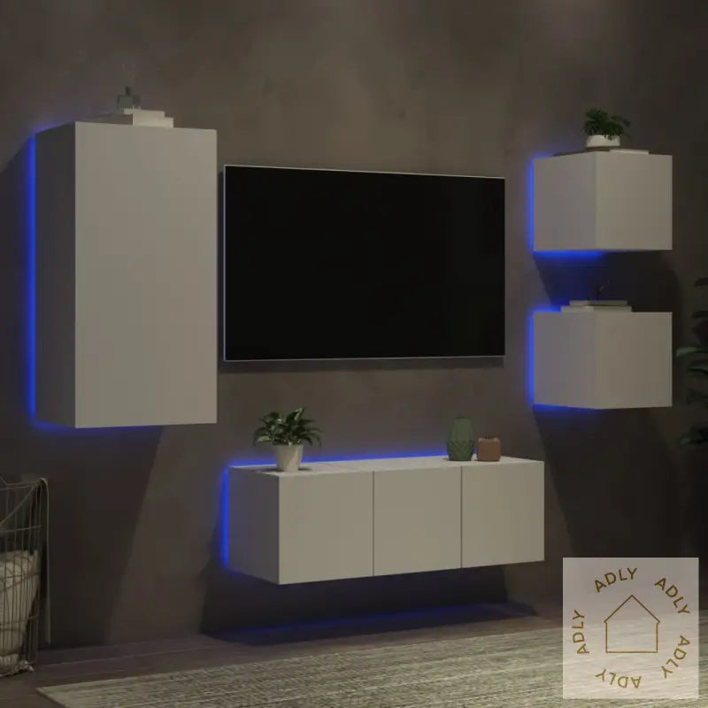 Vegghengte Tv-Enheter Med Led 5 Deler Hvit Konstruert Tre