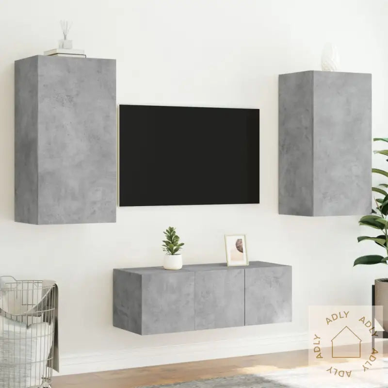 Vegghengte Tv-Enheter Med Led 4 Deler Betonggrå Konstruert Tre