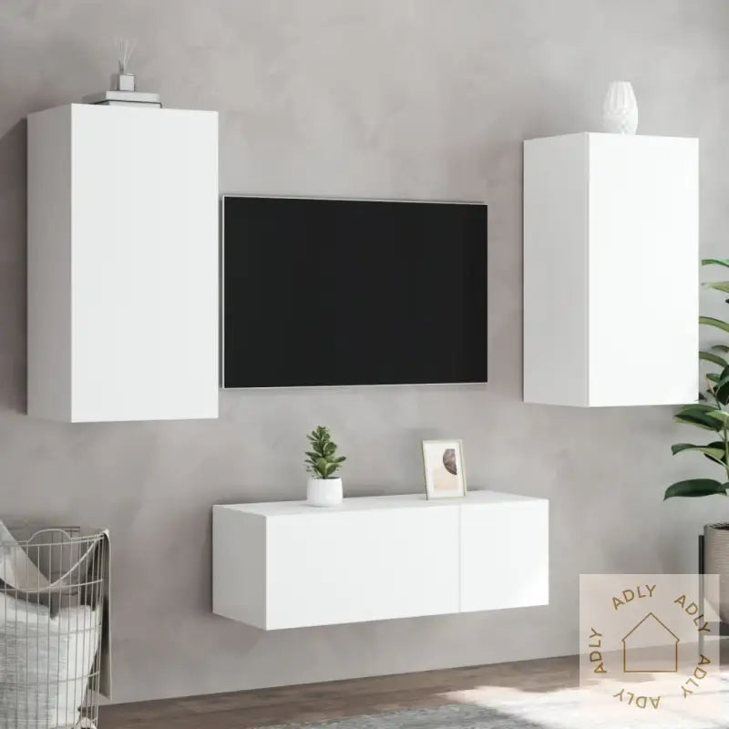 Vegghengte Tv-Enheter Med Led 4 Deler Hvit Konstruert Tre