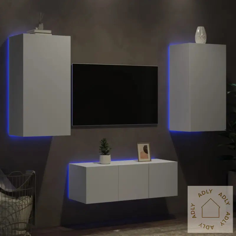 Vegghengte Tv-Enheter Med Led 4 Deler Hvit Konstruert Tre