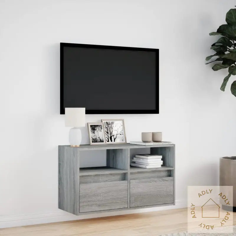 Vegghengt Tv-Benk Med Led Grå Sonoma 80X31X45 Cm