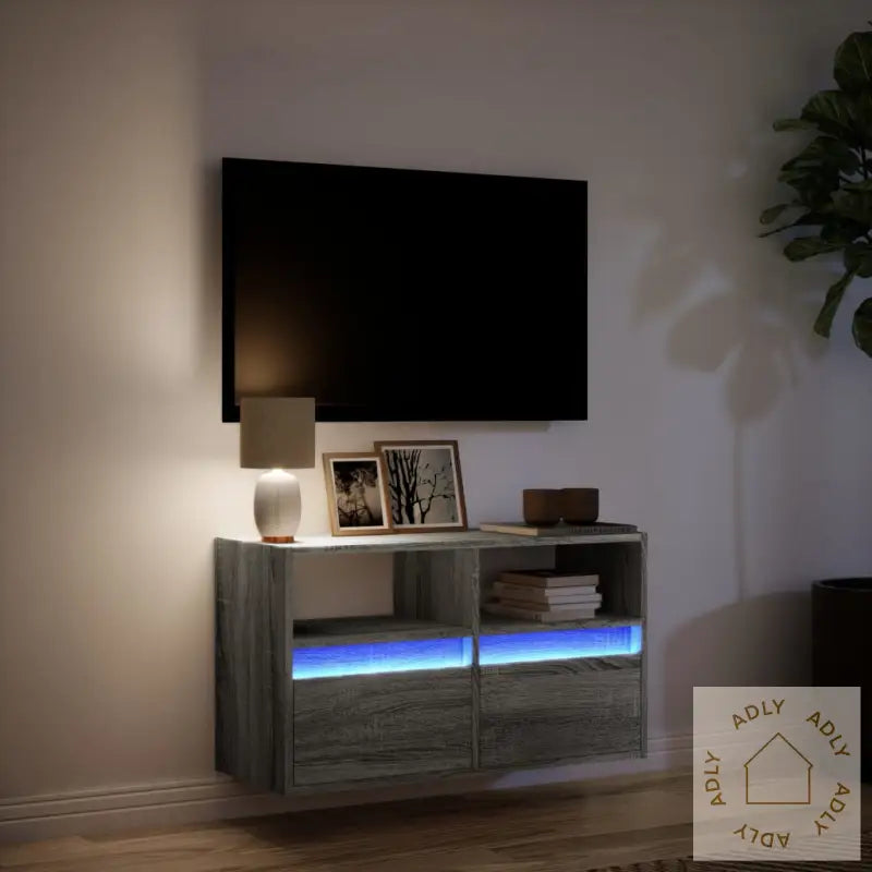 Vegghengt Tv-Benk Med Led Grå Sonoma 80X31X45 Cm