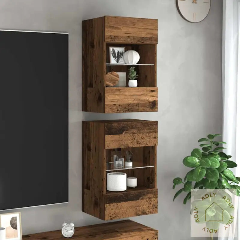 Vegghengte Tv-Benker Med Led 2 Stk Gammelt Tre 40X30X60,5 Cm