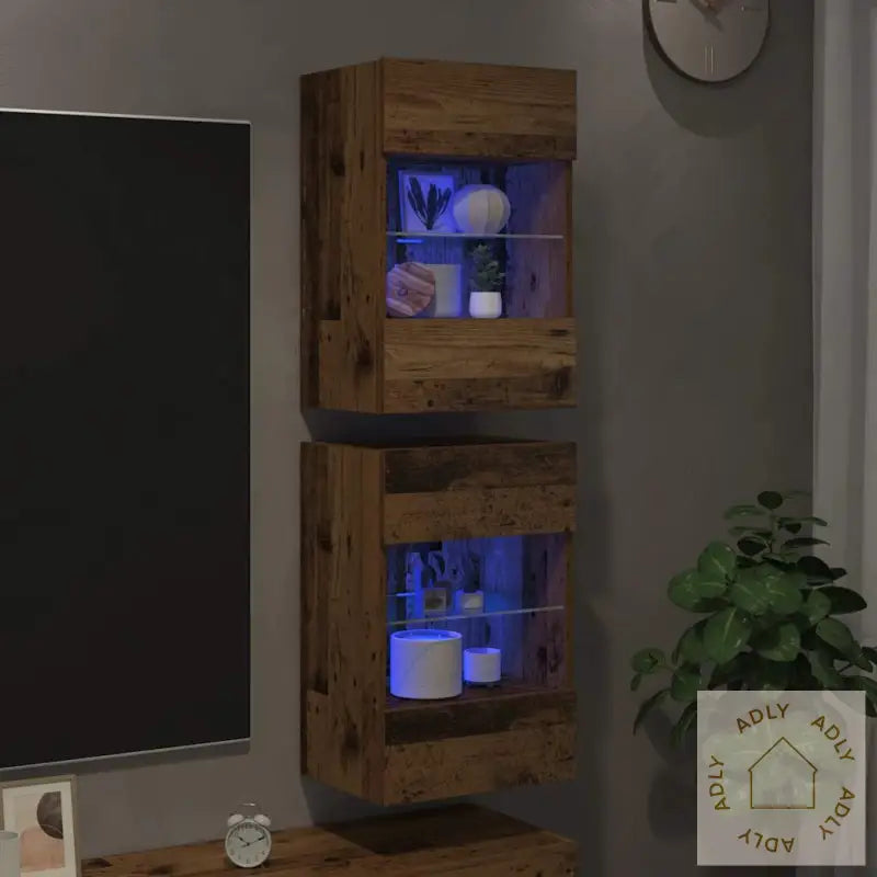 Vegghengte Tv-Benker Med Led 2 Stk Gammelt Tre 40X30X60,5 Cm