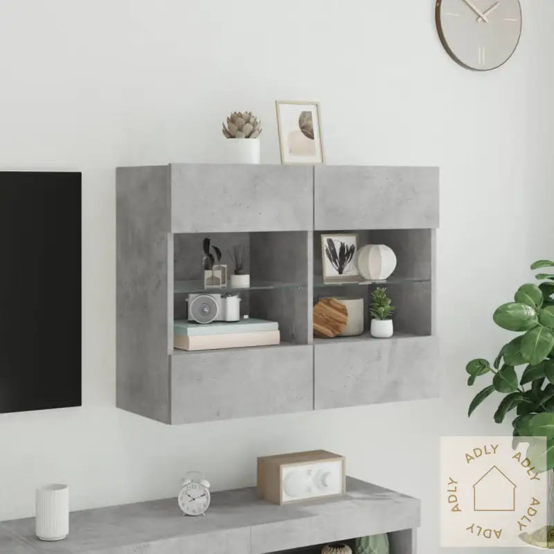 Vegghengt Tv-Benk Med Led-Lys Betonggrå 78,5X30X60,5 Cm