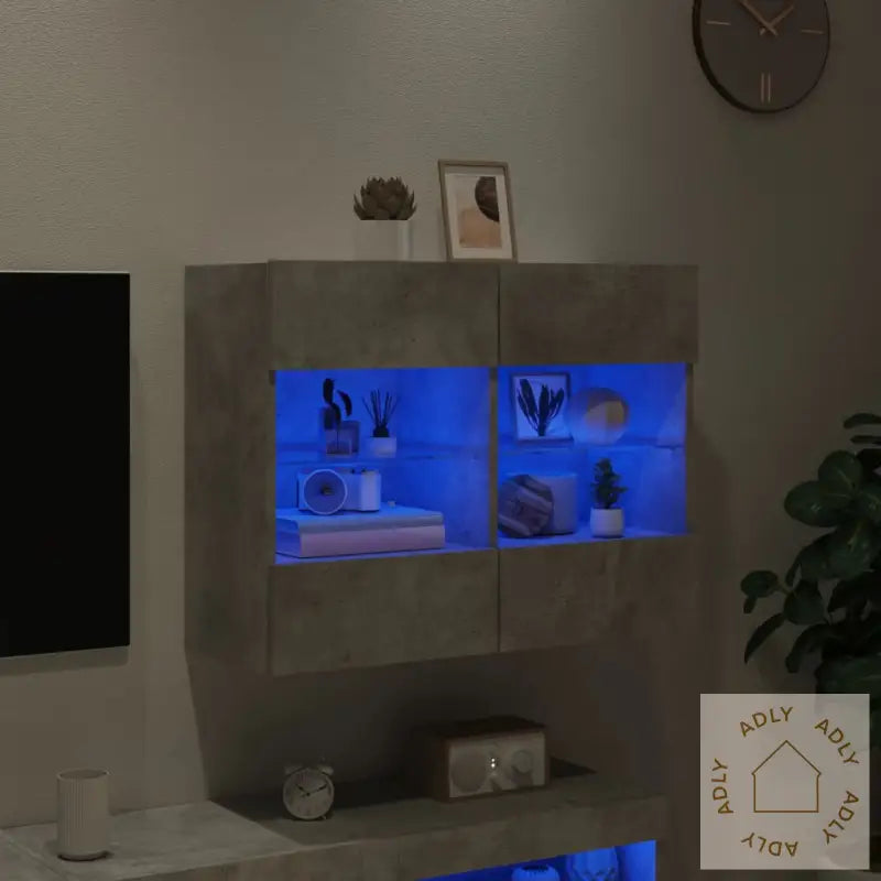 Vegghengt Tv-Benk Med Led-Lys Betonggrå 78,5X30X60,5 Cm