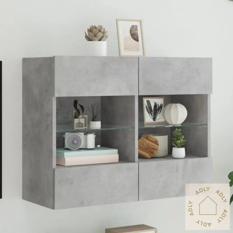 Vegghengt Tv-Benk Med Led-Lys Betonggrå 78,5X30X60,5 Cm