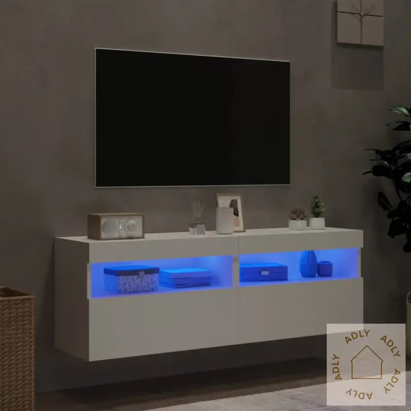 Vegghengte Tv-Benker Med Led 2 Stk Hvit 60X30X40 Cm