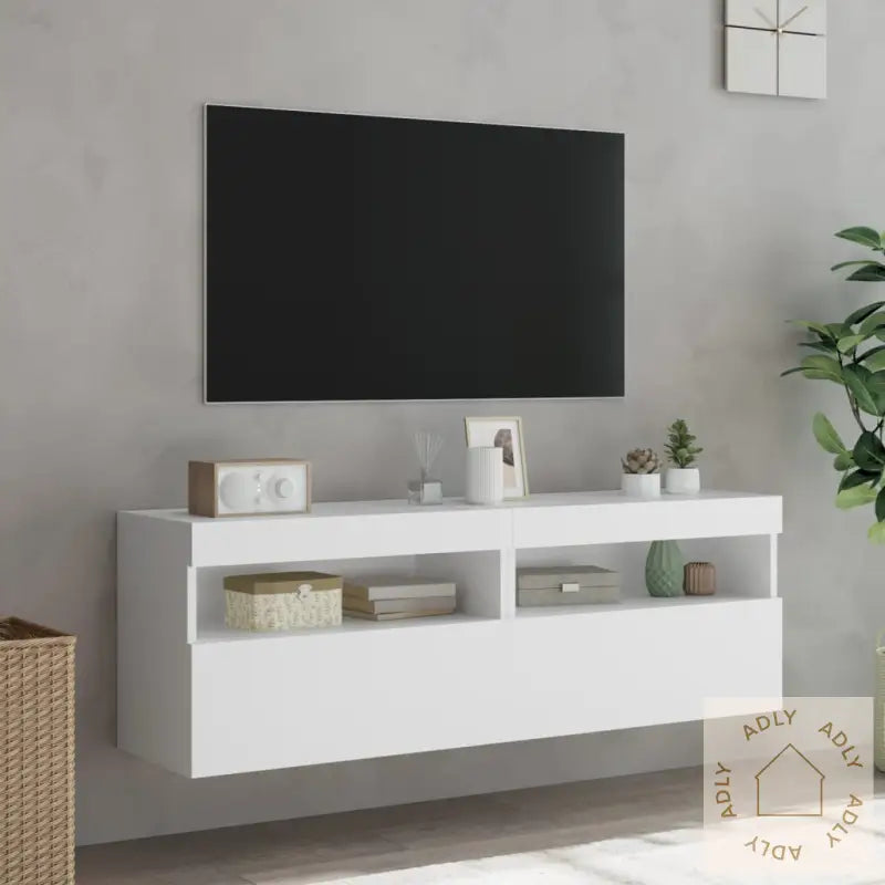 Vegghengte Tv-Benker Med Led 2 Stk Hvit 60X30X40 Cm