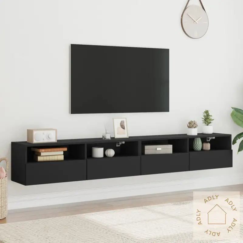 Vegghengte Tv-Benker 2 Stk Svart 100X30X30 Cm Konstruert Tre