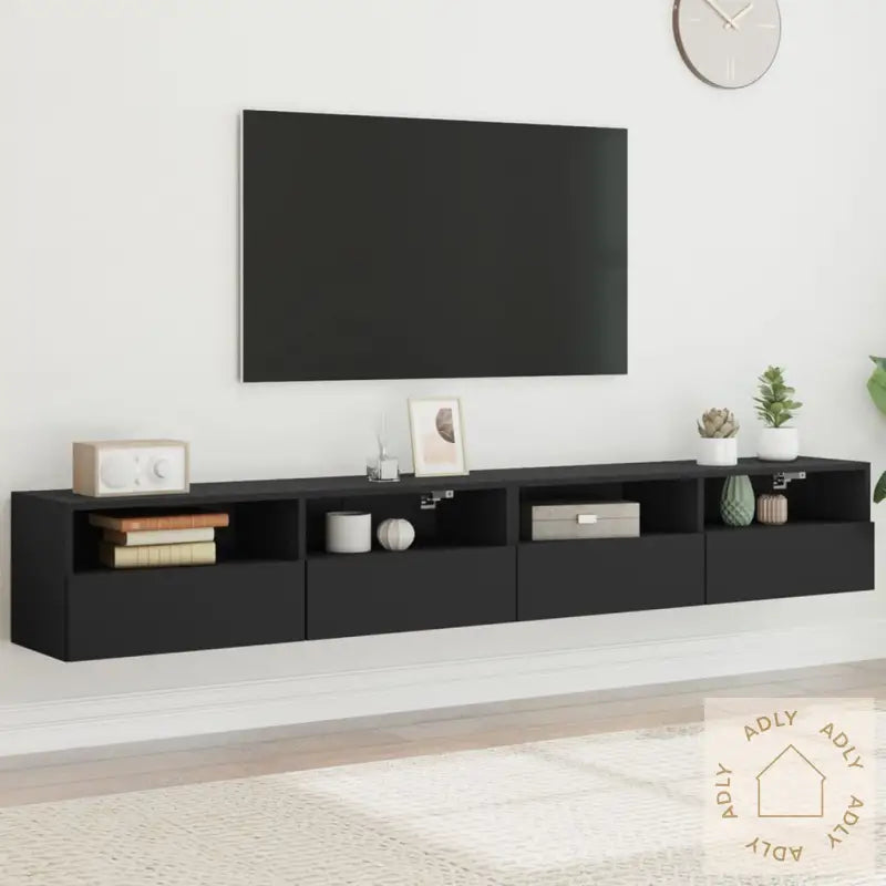 Vegghengte Tv-Benker 2 Stk Svart 100X30X30 Cm Konstruert Tre