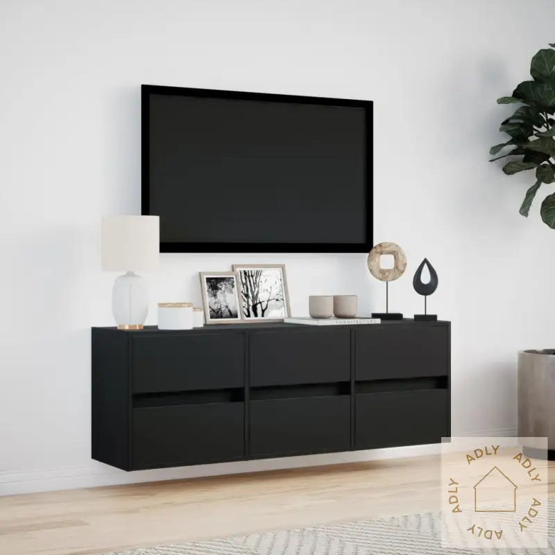 Vegghengt Tv-Benk Med Led Svart 130X31X45 Cm