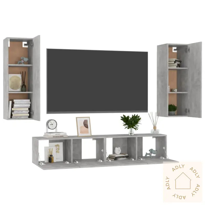 Tv-Benksett 4 Deler Betonggrå Konstruert Tre