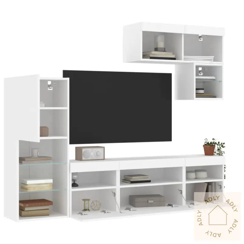 Vegghengte Tv-Enheter Med Led 6 Deler Hvit Konstruert Tre