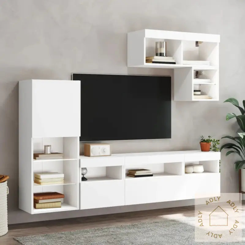 Vegghengte Tv-Enheter Med Led 6 Deler Hvit Konstruert Tre