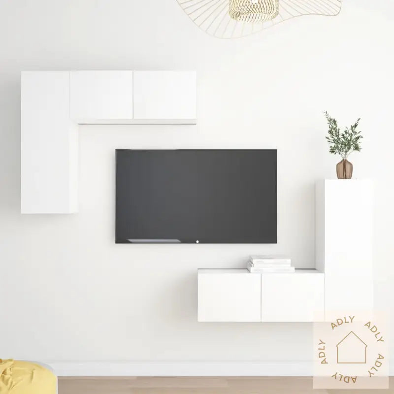 Tv-Benksett 4 Deler Hvit Konstruert Tre
