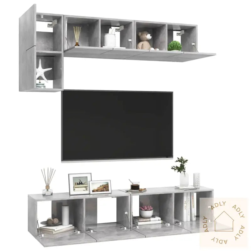 Tv-Benksett 5 Deler Betonggrå Konstruert Tre