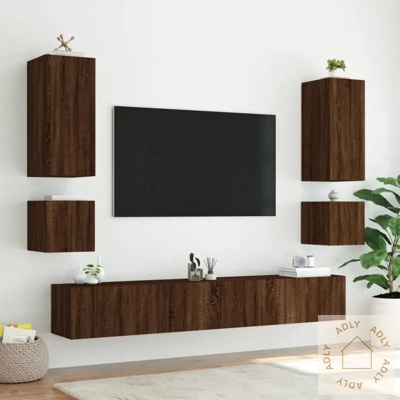 Vegghengte Tv-Benker Med Led-Lys 2 Stk Brun Eik 40,5X35X40 Cm