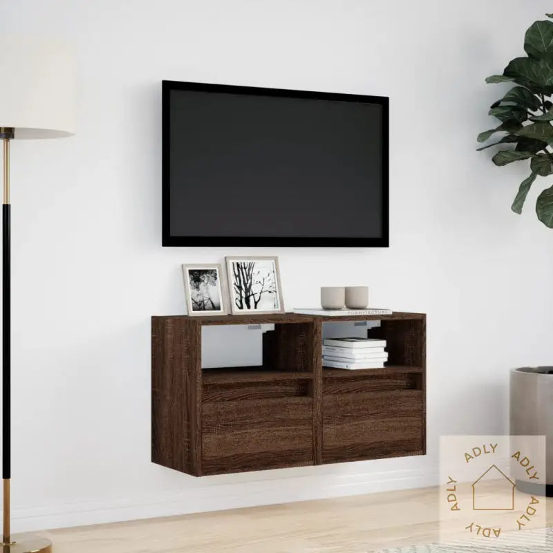 Vegghengte Tv-Benker Med Led 2 Stk Brun Eik 41X31X45 Cm
