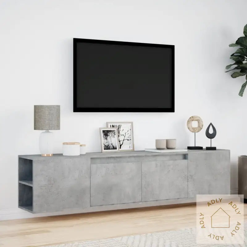 Vegghengt Tv-Benk Med Led Betonggrå 180X31X39,5 Cm