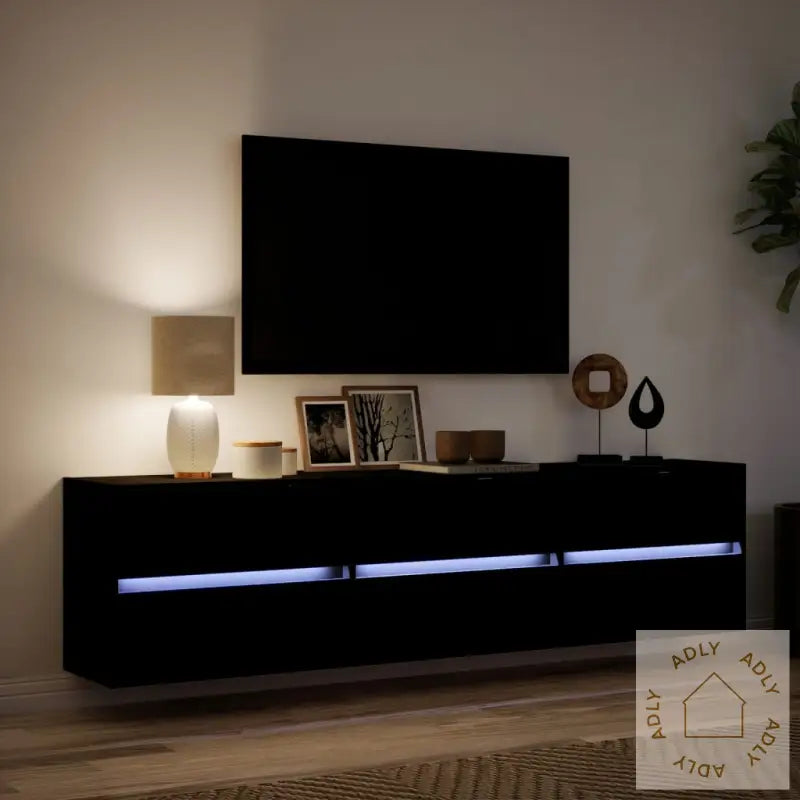 Vegghengt Tv-Benk Med Led Svart 180X31X45 Cm
