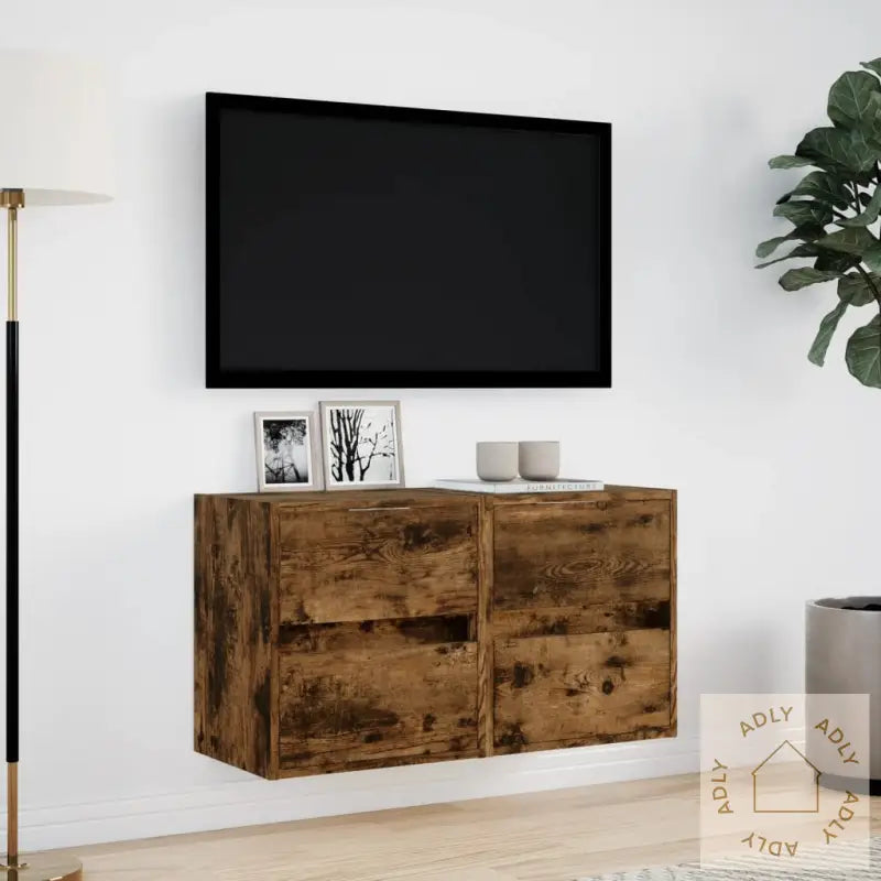 Vegghengt Tv-Benker Med Led-Lys 2 Stk Røkt Eik 41X31X45 Cm