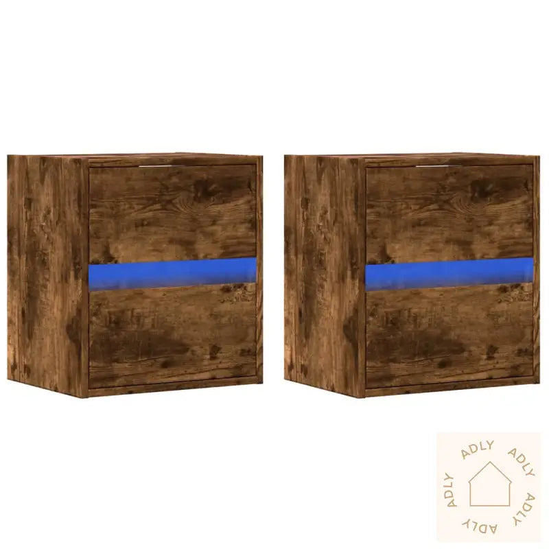 Vegghengt Tv-Benker Med Led-Lys 2 Stk Røkt Eik 41X31X45 Cm