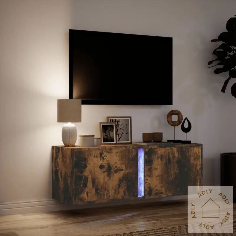 Vegghengt Tv-Benk Med Led Røkt Eik 100X31X35 Cm
